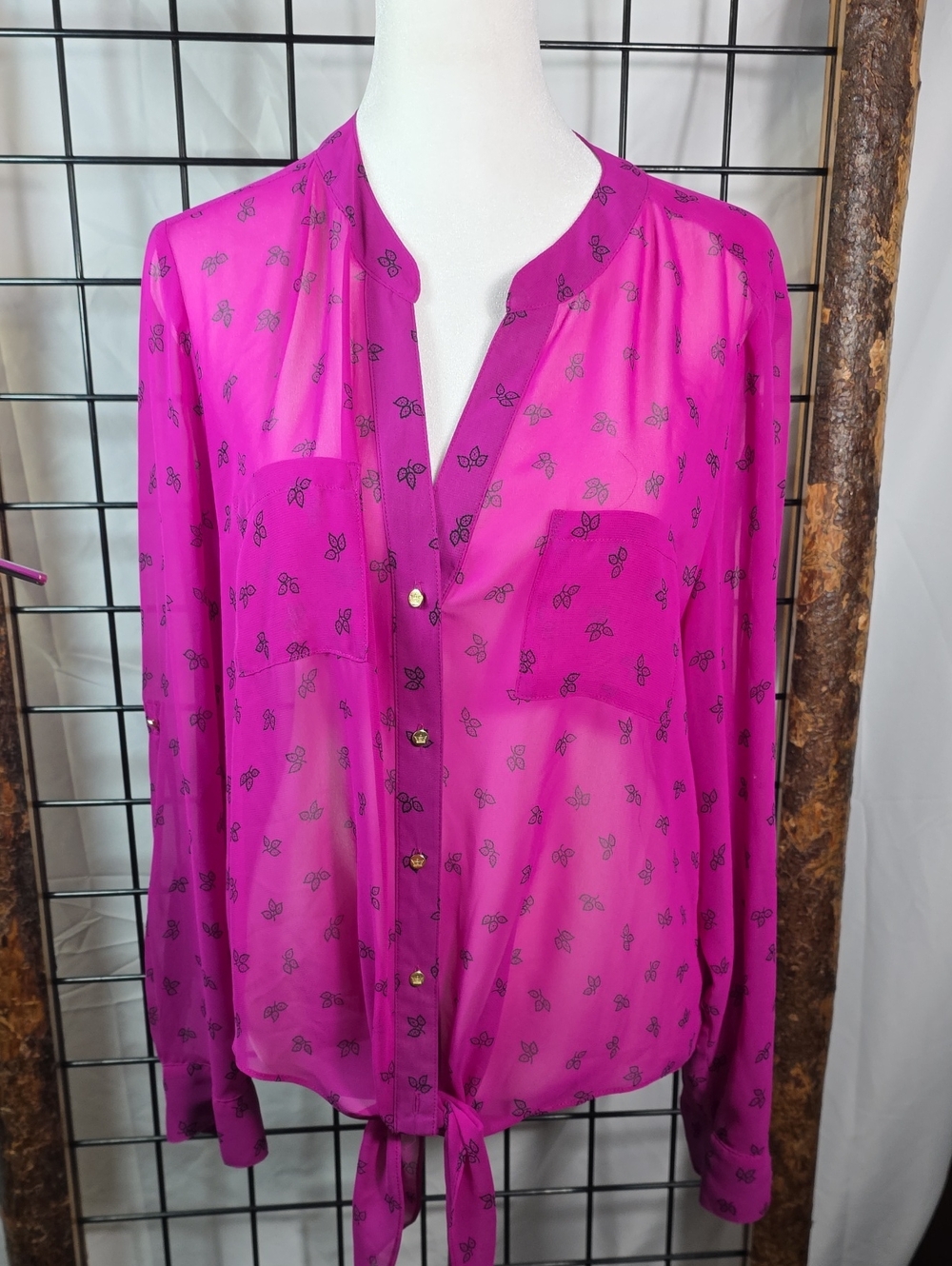 Chaus Fuchsia Sheer Button-Down Shirt with Black Motif
